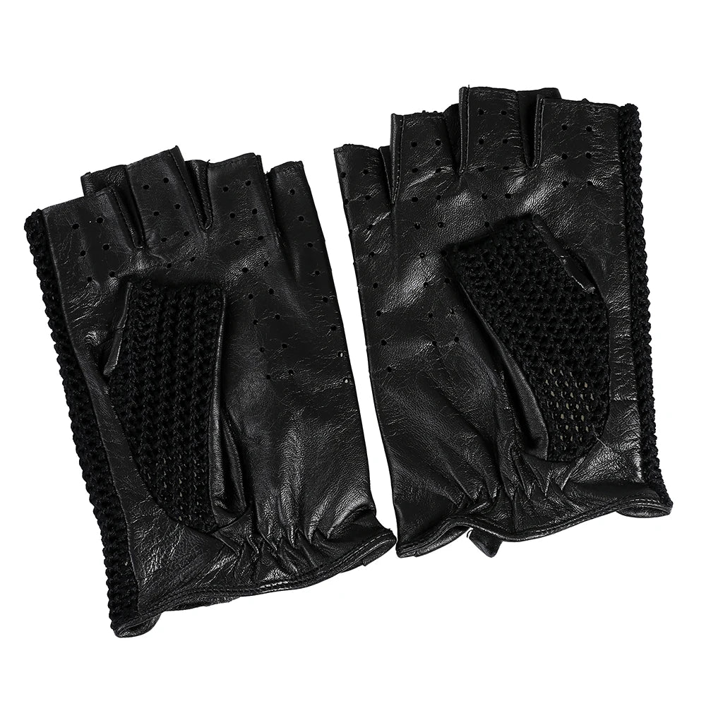 Men's Genuine Leather Driving Gloves motorcycle Fingerless Glove Sheepskin With Cotton Crochet