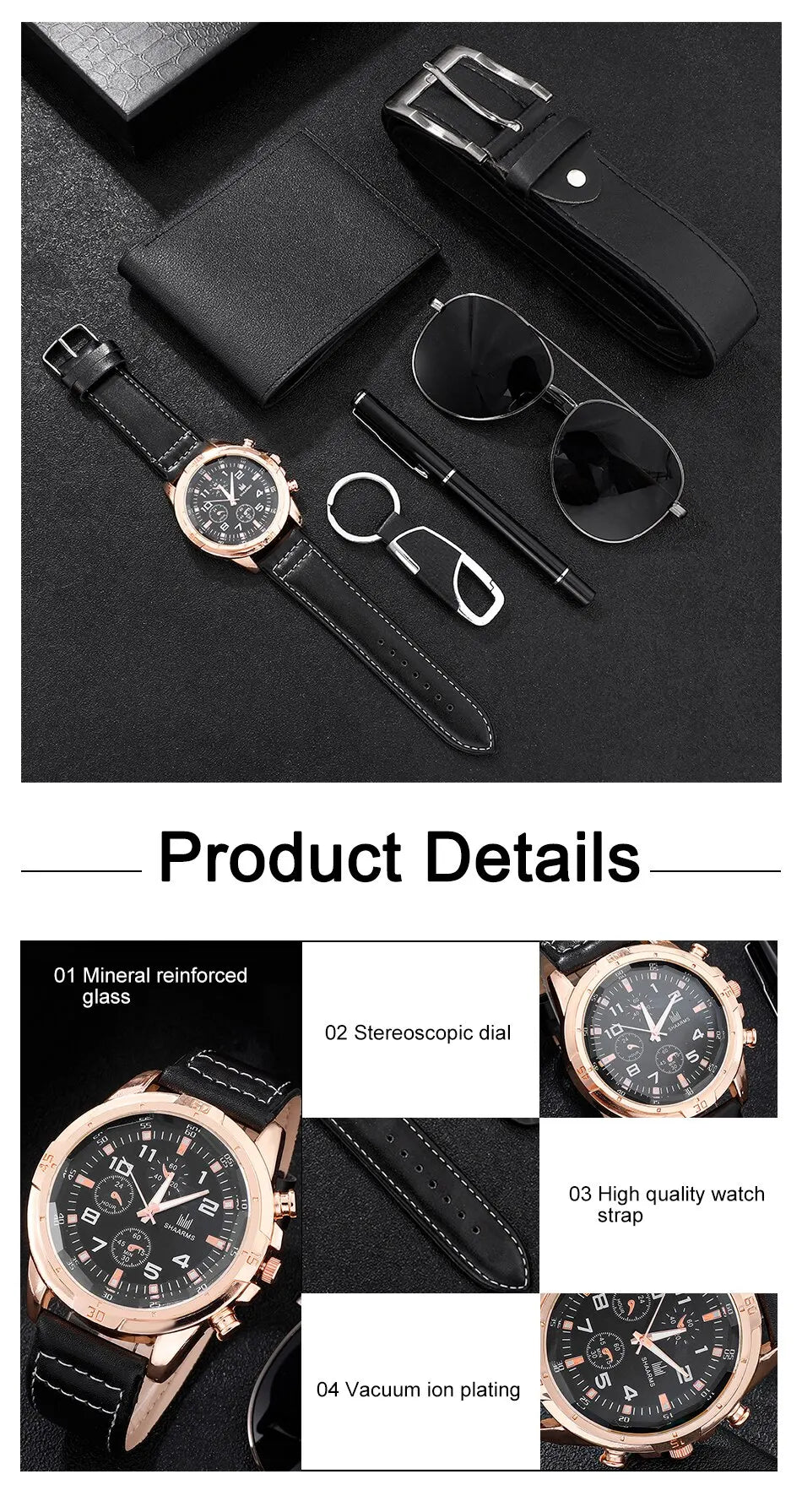 SHAARMS Men Gift Watch Business Luxury Company Mens Set 6 in 1 Watch Glasses Pen Keychain Belt Purse Welcome Holiday Birthday