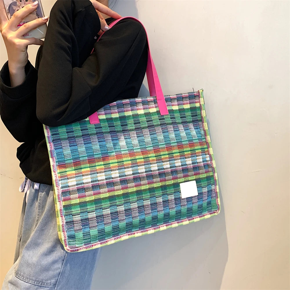 Colorful Tote Bag For Women Cotton Fabric Woven Design Large Capacity Shopper Shoulder Bags Lightweight Crossbody Handbags Bolso