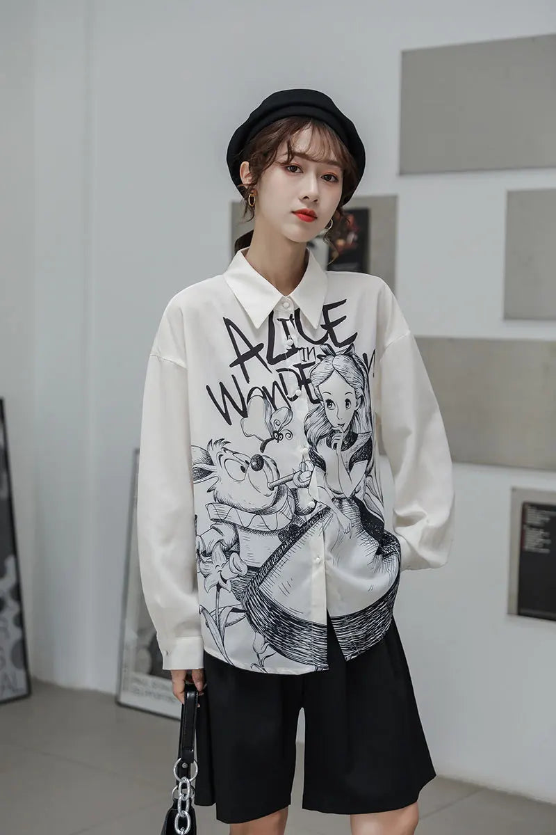 Casual Long Sleeve Cartoon Print Shirt Elegant Chiffon Blouse Women Vintage Harajuku Loose Tops Korean Chic Women Clothing Tunic