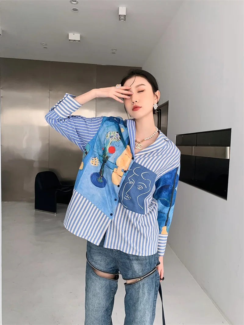 Women's Clothing Shirts Polo Collar Stripe Printing Asymmetrical Long Sleeves Casual Vintage Fashion Baggy Blouse Tops Ladies