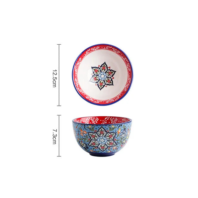 Creative Bowl Ceramic Bohemian Hand-Painted Rice Bowl  Instant Noodle Bowl Household Fruit Salad Bowl Kitchen Tableware