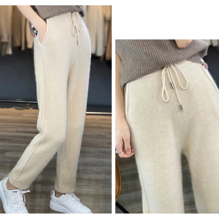 100% Merino wool cashmere women's knitted wool pants in autumn and winter new elastic waist fashion feet pants.