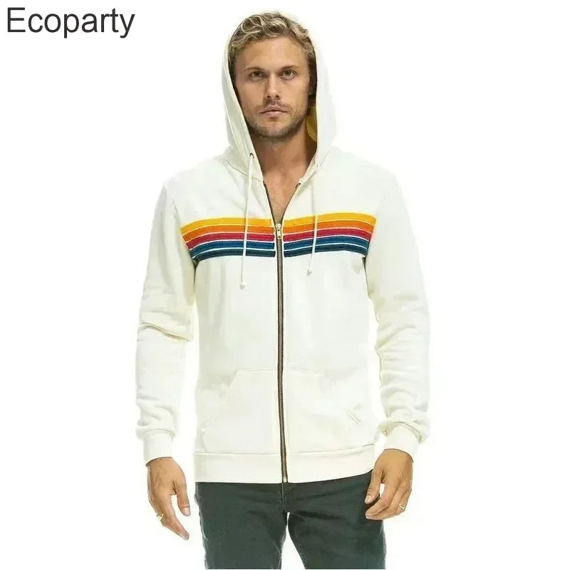 Autumn Unisex Women's Aviator Nation Long Sleeve Hooded Sweatshirts Casual Zipper 5 Stripe Rainbow Hoodies Jacket Coat