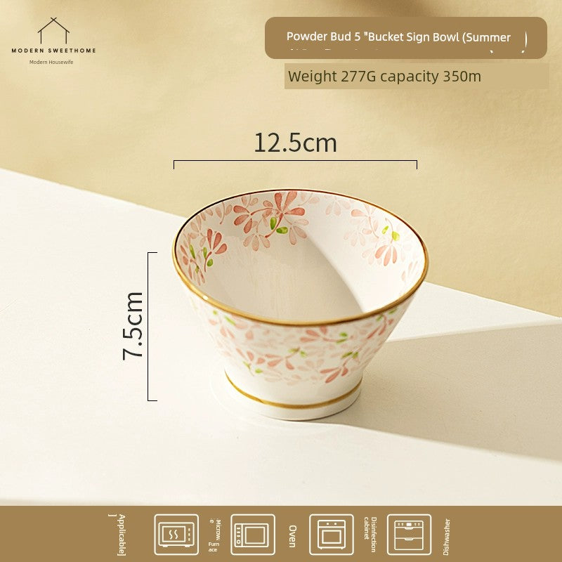 Modern Housewife Japanese Style All Year Round Flowers Ceramic Bowl For Home Rain-Hat Shaped Bowl Especially Beautiful Rice Bowl for Personal Use