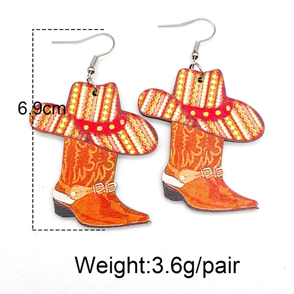 Western Cowboy Wood Earrings Boots Hat Pendant Earrings Sunflower Cow Skull Cowboy Hat Boot Drop Earrings for Women Jewelry