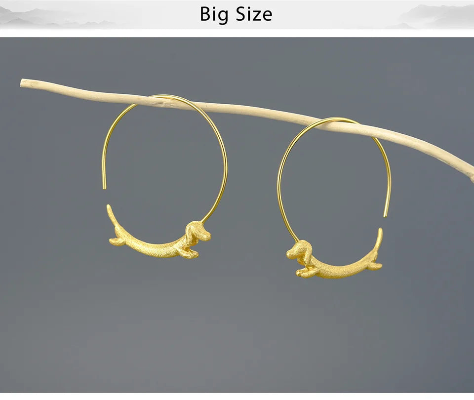 Lotus Fun 18K Gold Female Flying Dachshund Dog Big Round Hoop Earrings 2021 Trend New Real 925 Sterling Silver Women Jewelry