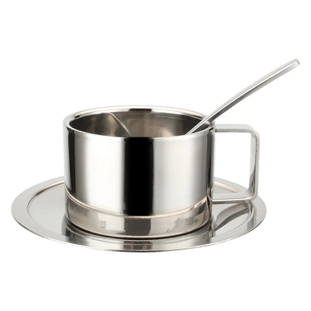 Stainless Steel Coffee Cup Set Double Walled Heat Resistant Mug with Saucer Spoon Drink Tableware Kitchen Cafe Accessories