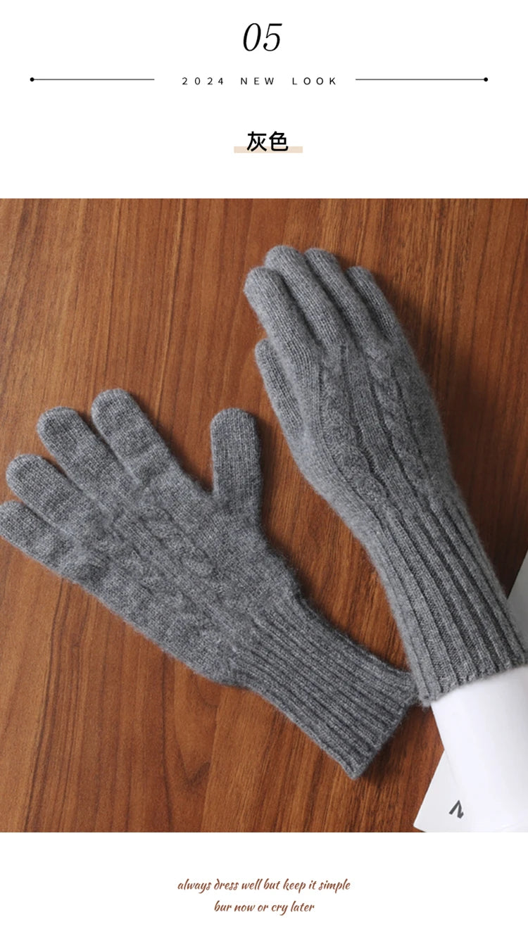 Women Wool Cashmere Gloves Cable Knit Touchscreen Finger Hole Winter Autumn Warm Wrist Length Classic Gloves Female Mitten