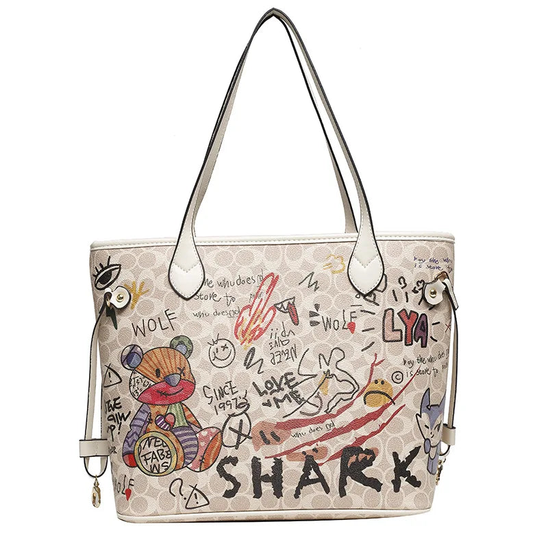 Cartoon Graffiti Women Bags 2023 Luxury Designer Bag Famous Brand Bear Print Leather Shoulder Bag Travel Tote Handbags Neverful