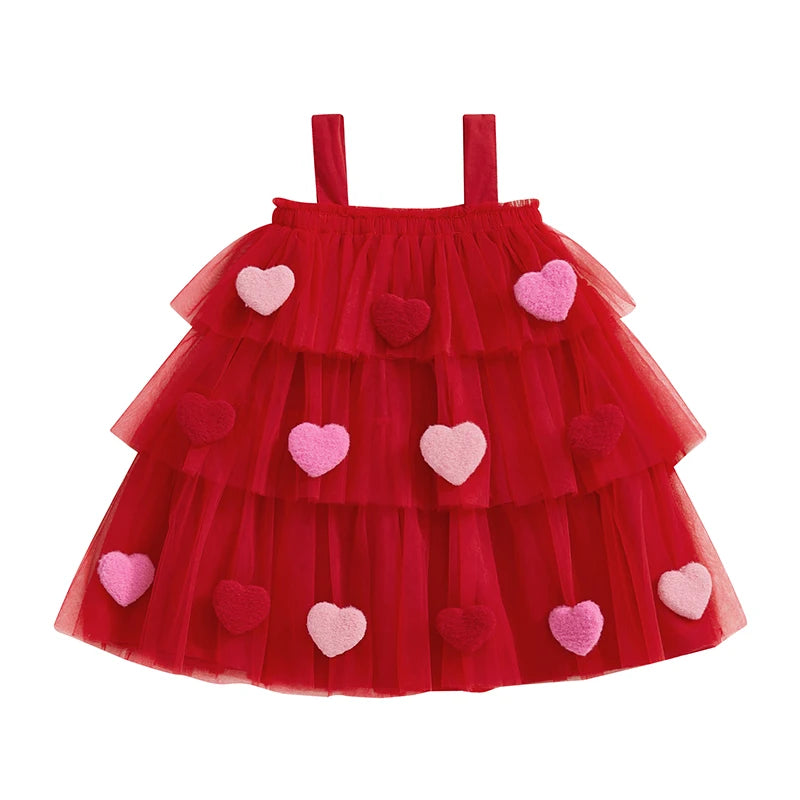 Kids Girl Fashion Valentine Day Dress Star Print Square Neck Sleeveless Layered Tulle Dress with 3D Heart for 1-9 Years Valentines Gift