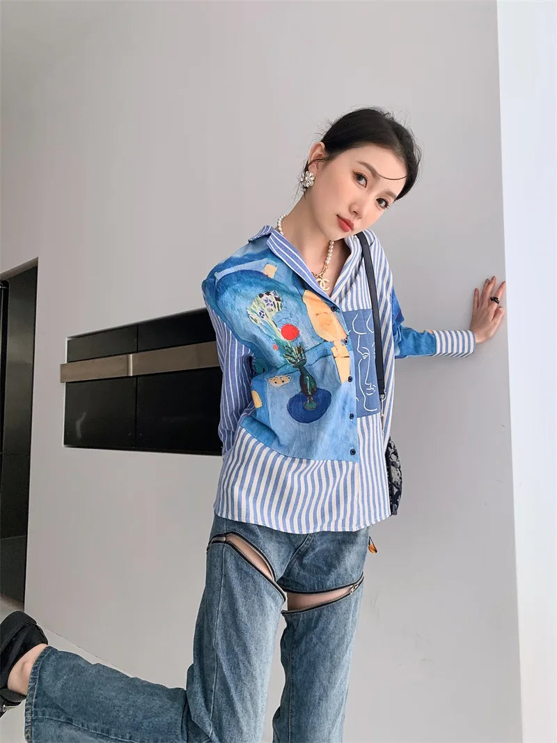 Women's Clothing Shirts Polo Collar Stripe Printing Asymmetrical Long Sleeves Casual Vintage Fashion Baggy Blouse Tops Ladies