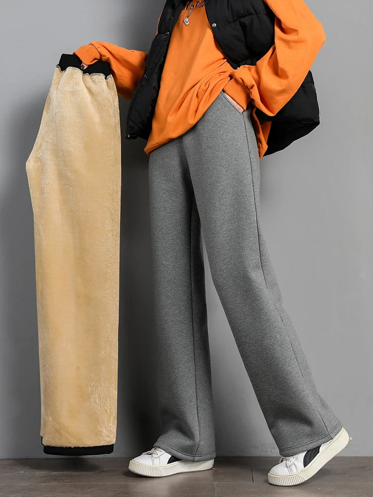 Women Warm Winter Plush Thick Pants Lambskin Cashmere Trousers High Waist Cotton Fleece Loose Female Wide Leg Pants PELEDRESS