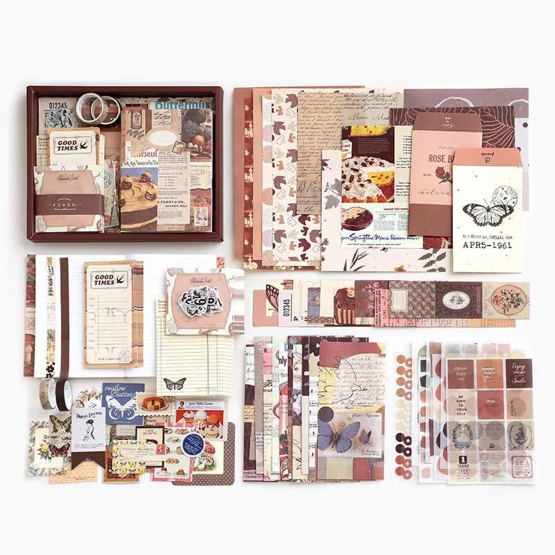 Yoofun 155pcs/box Scrapbooking Collage Junk Journal Decoration Gift Box Includes Tape Sticker Mateiral Paper Card Memo Bag