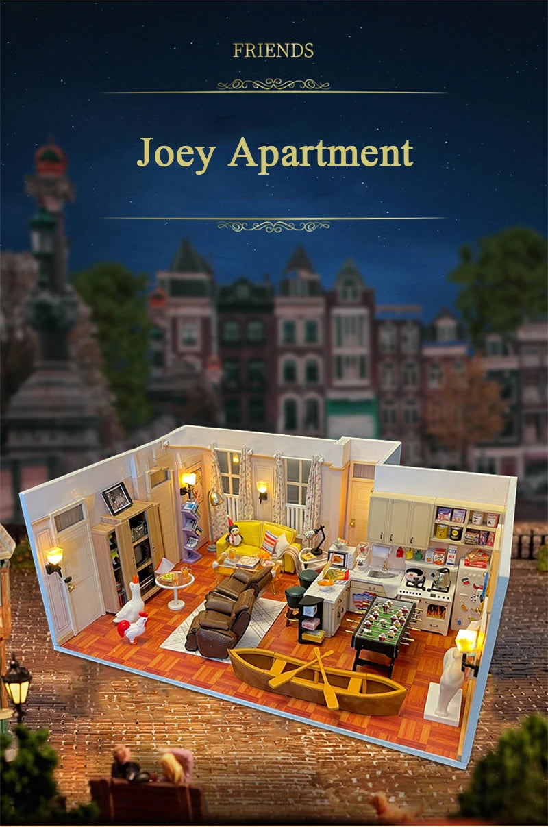 DIY Wooden Joey‘s Apartment Casa Miniature Building Kits Bookend With Lights Assembled Bookshelf Home Decoration Friends Gifts