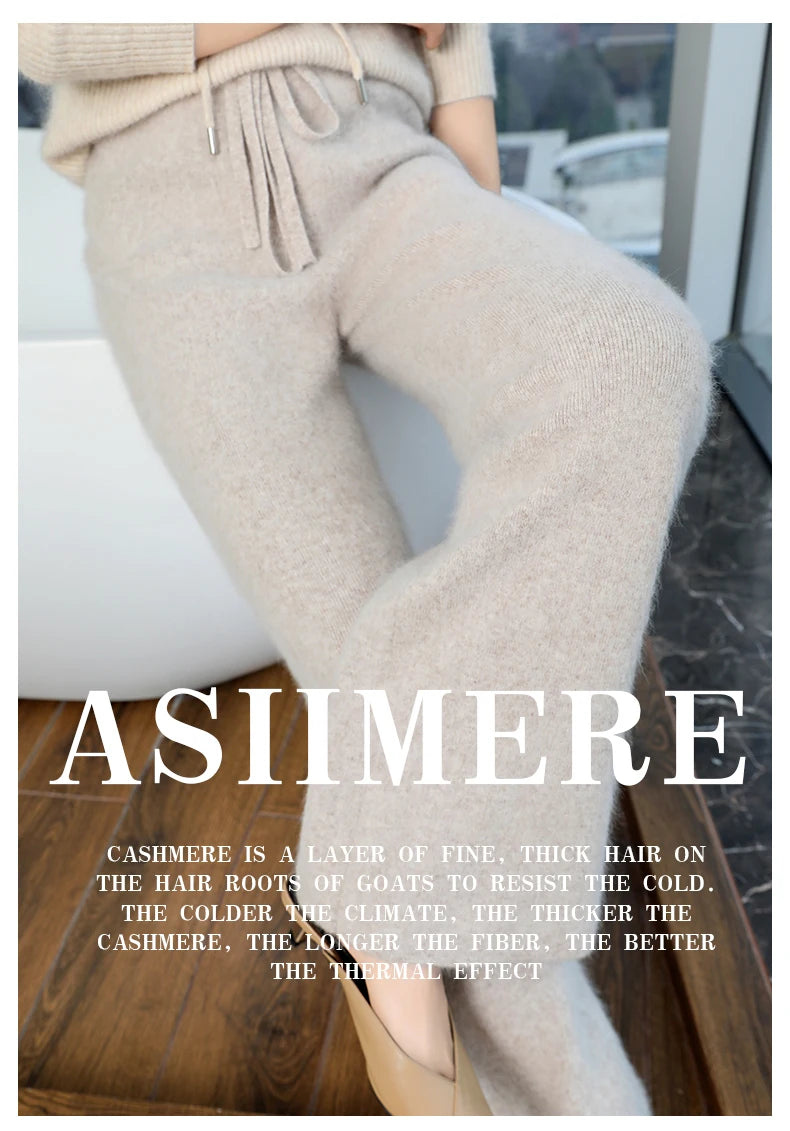 2024 Autumn/Winter New Mink Cashmere Wide Leg Pants for Women, Thickened, Warm, Loose, High Waist Strap up Vertical Casual Pants