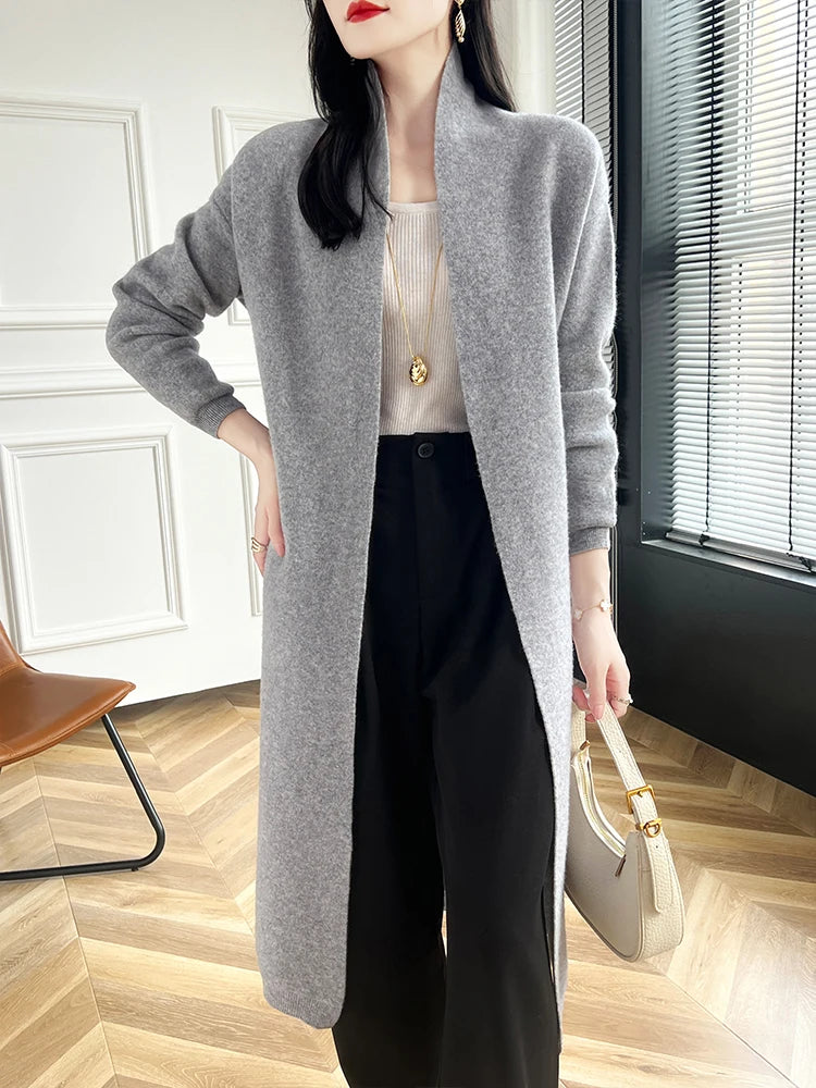 2024 Women Long Cardigan Cashmere Sweater Spring Autumn Winter Office Lady Loose Coat 100% Merino Wool Knitwear Korean Fashion