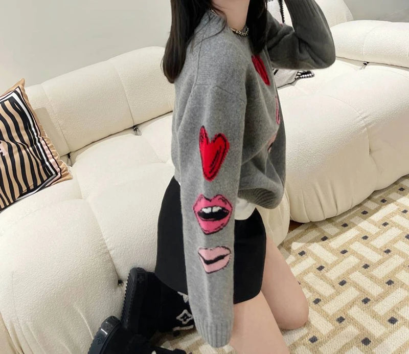 Autumn And Winter New Wool Pullover Women's Round Neck Loose Set Love Lips Sweater Cashmere Knit Bottoming Shirt