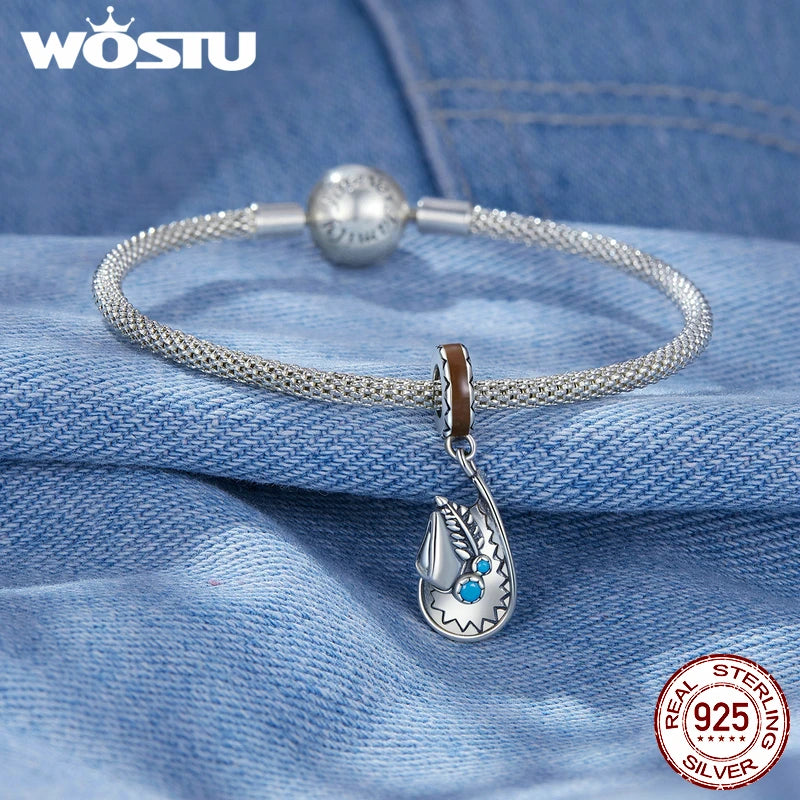 WOSTU Vintage 925 Sterling Silver Western Cowboy Leather Pendant Dream Catcher Charm Fit Original Bracelet DIY Jewelry Making