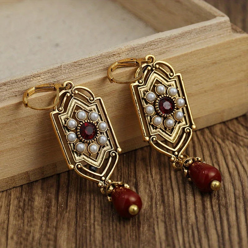 Boho Ethnic Geometric Waterdrop Stone Earrings Jewelry Gold Color Red Blue White Pearl Handmade Earrings For Women Girls Gift