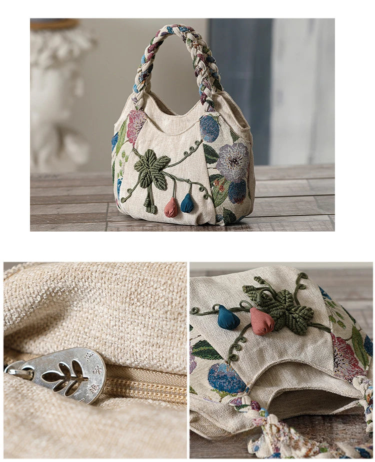 Original Ethnic Style Handbag Canvas Embroidered Women's Bag Handheld Woven Small Bag Embroidery Handbags for Women 2024