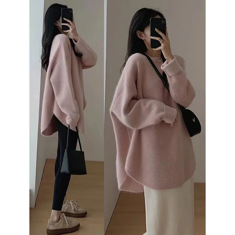 Korean women's mid to long pure wool pullover knitted sweater autumn winter 2024, fashionable and loose large size cashmere tops