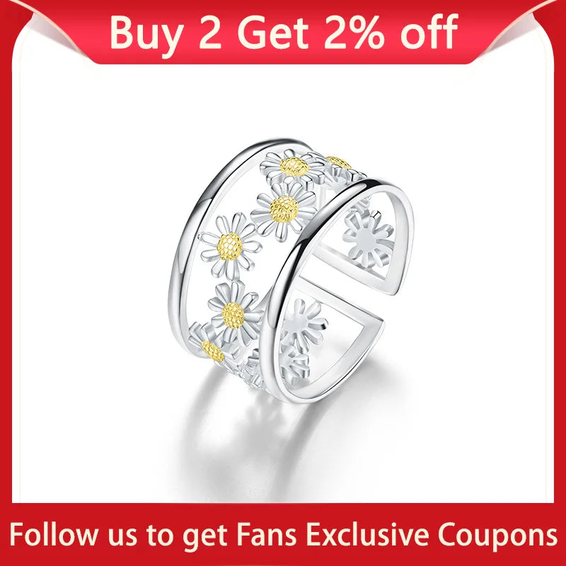 Lotus Fun Elegant Little Daisy Flower Adjustable Rings for Women Real 925 Sterling Silver Original Luxury 18K Gold Fine Jewelry