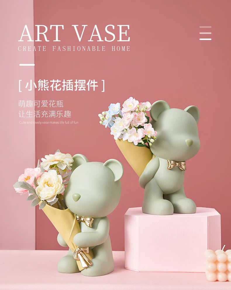 Bear Figurine Resin Flower Vase Modern Home Decor Vases Living Room Decoration Office Desk Accessories Wedding Decoration Gifts