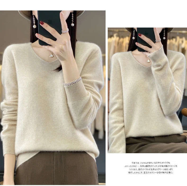 100% pure wool cashmere sweater women's V-neck pullover casual knit top autumn and winter women's coat Korean fashion