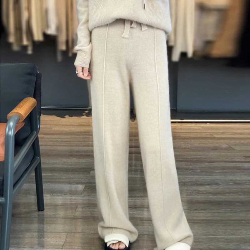 Women's Cashmere Pants 100% Merino Wool Broadfoot Pants Women's Knit Loose Knit Pants Fall/Winter 2024 Women's Thick Pants