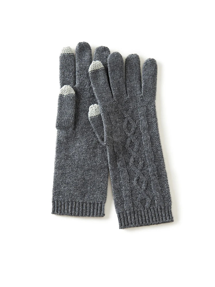 100% Real Cashmere Knitted Gloves Touchscreen Finger Women Autumn Winter Thick Cable Warm Wrist Length Classic Female Mitten