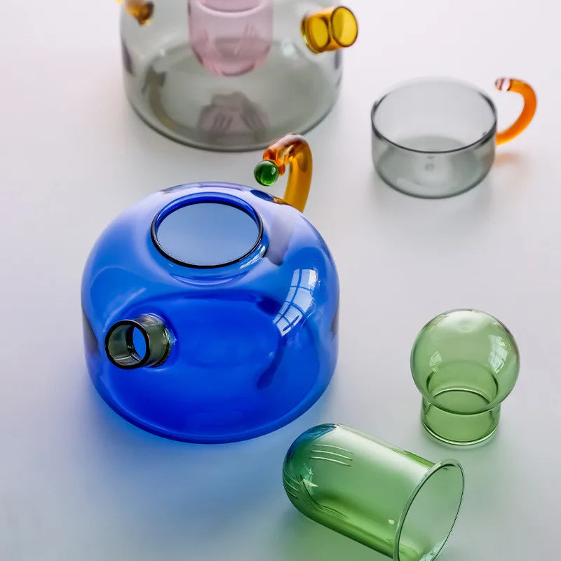 Contrasting Colour Tea pot Colorful Glass Tea water Separation Filtration Teapot Tea cup set Creative Drinkware Teakettle