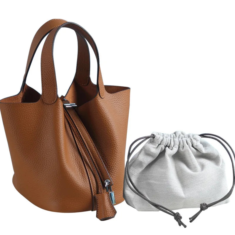 Various Genuine Leather Luxury Bag Fashion Women's Handbag Vegetable Basket Style Portable Women Bucket Bag with Lock