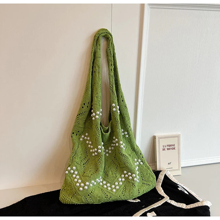 Hollow Out Large Capacity Knitting Shoulder Bags Pearl Unique Design Grace Sense of Luxury Hand Bags for Women 2024 Casual Tote