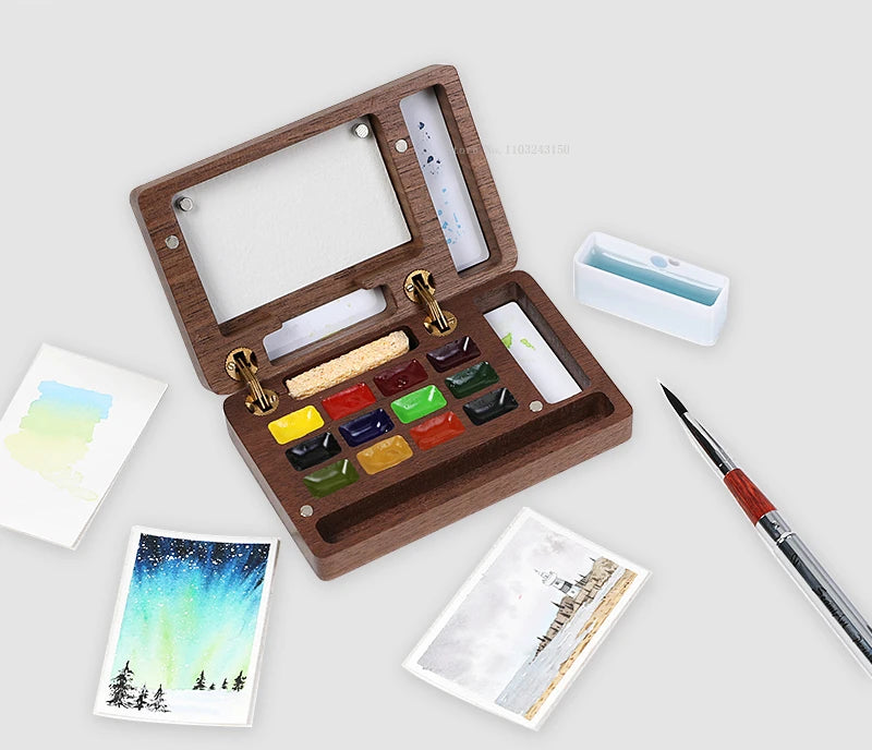 Wooden Portable Watercolor Pigment Subpackage Empty Box Art Student Handbook Sketching Travel Painting Palette Art Supplies