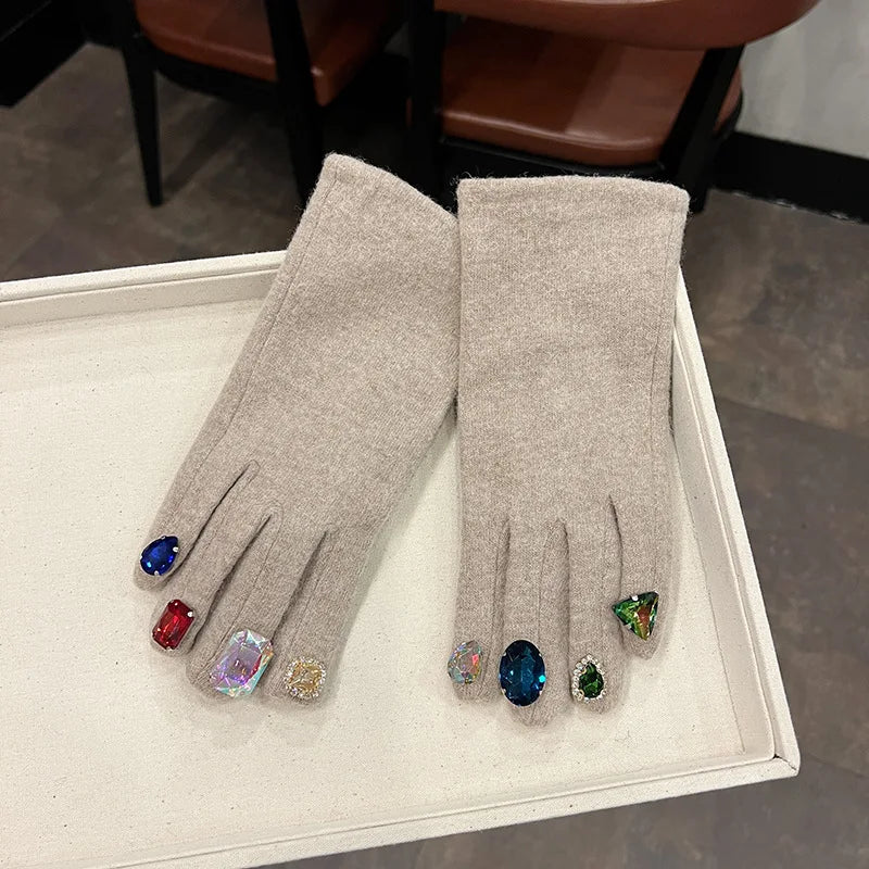 Cute Gloves for Women Autumn Winter Colorful Plastic Crystal Cashmere Black Grey Gloves Touch Screen Female Gift