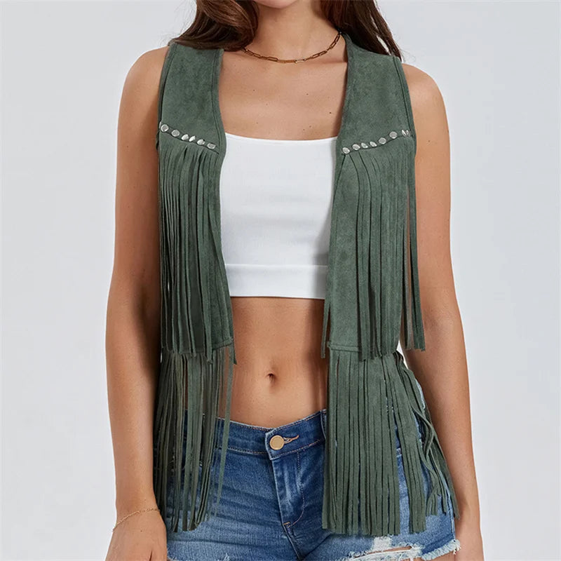 Women Fringe Vest Faux Suede Open Front Vintage Vest Sleeveless Hippie Clothes Boho Western Cowboy Style Short Jacket