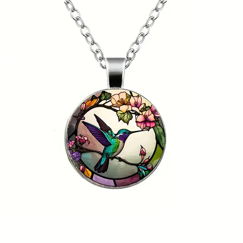 Cute Round Hummingbird Glass Dome Cabochon Pendants Necklaces Fashion Bird Rainforest Jewelry Accessories