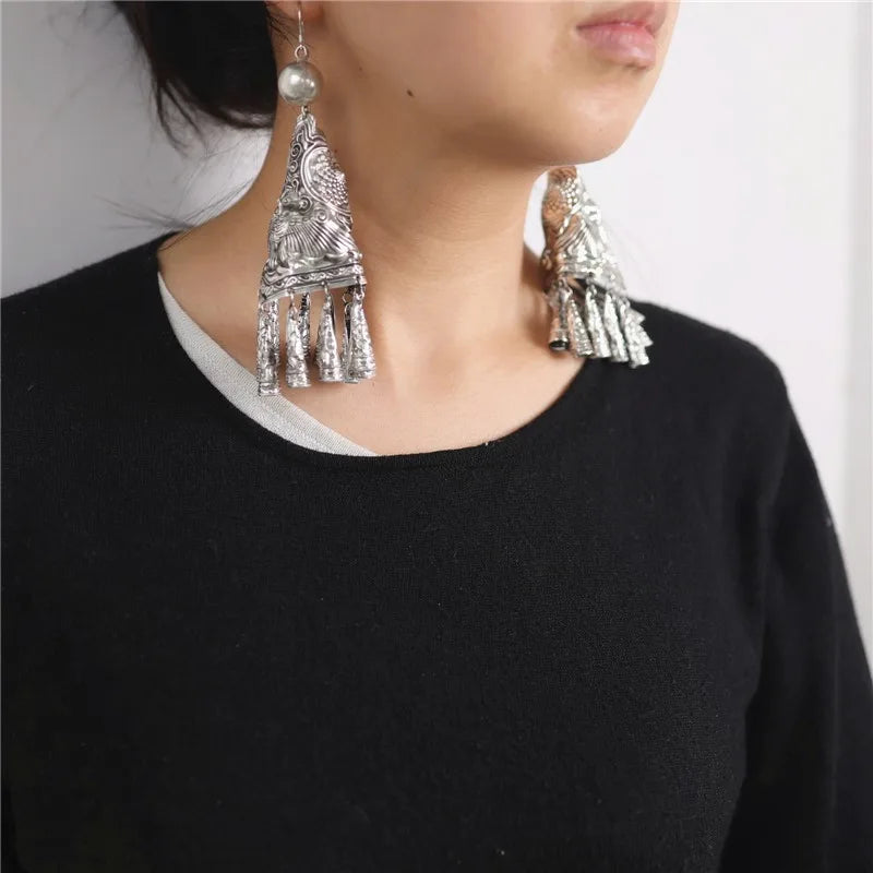 Pendant Perforated Jewelry Horn Shaped Tassel Earrings Women's Accessories Silver Earrings Fashion Party Earrings