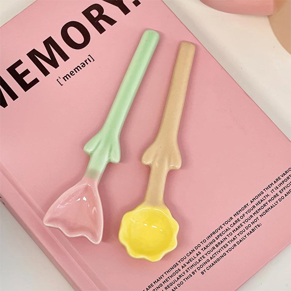 Kawaii Ceramic Flower Spoon Tulip Shaped Cute Milk Ice Cream Dessert Soup Spoon With Long Handle Kitchen Tableware Accessories