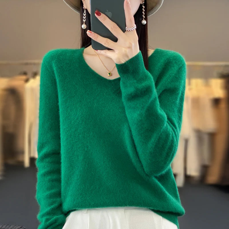 100% pure wool cashmere sweater women's V-neck pullover casual knit top autumn and winter women's coat Korean fashion