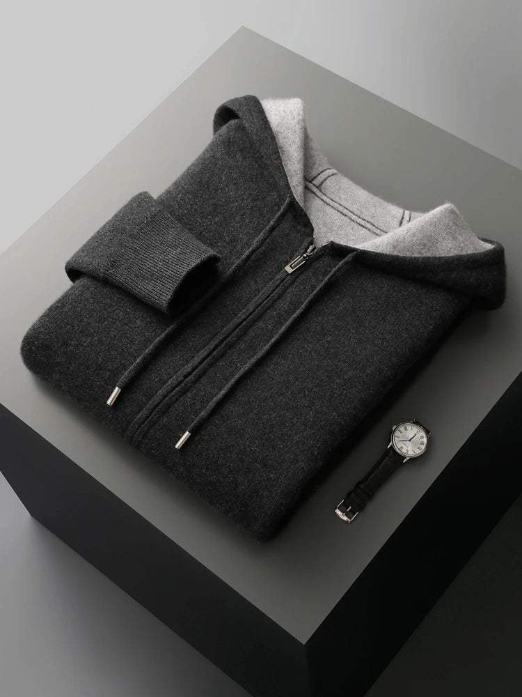 Men's Cashmere Sweater 100% Merino Wool Cardigan Hoodie Thick Zipper Knitwear Luxary Quality Coat Smart Casual Tops Clothing