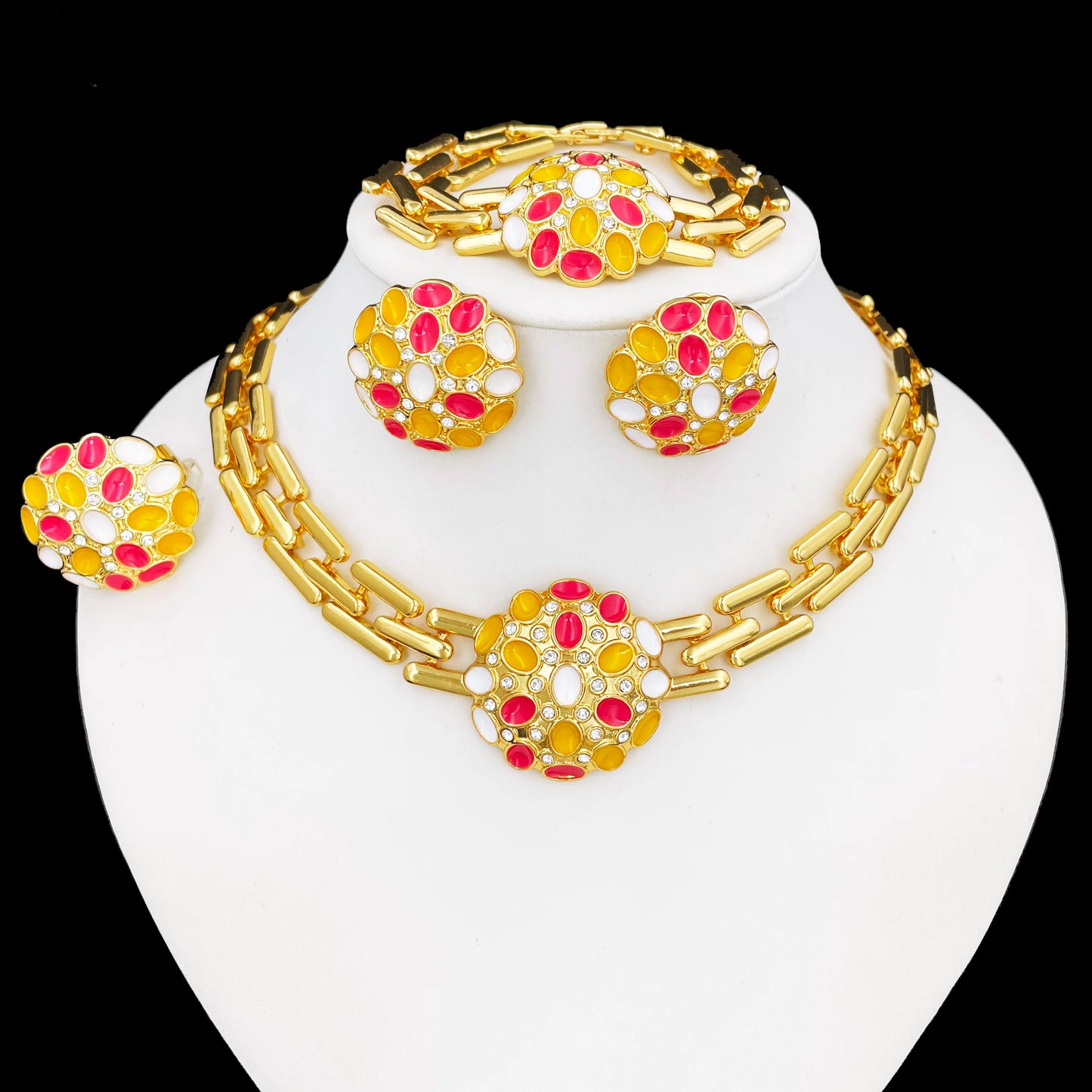 Women Jewelry Set Colorful Classic Design 18K Gold Plated Necklace Earrings Bracelet Ring 4PCS Set Jewelry Wedding Party Gift