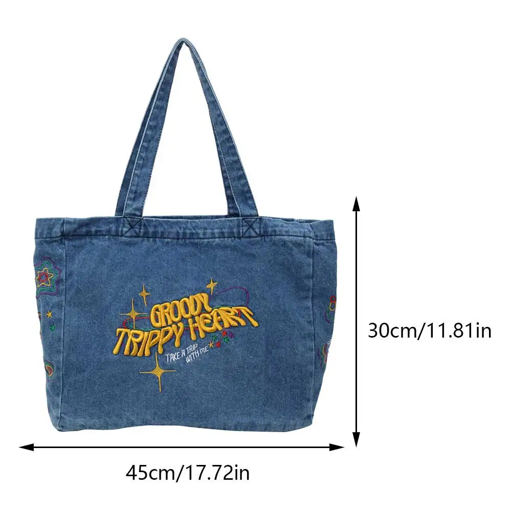 Denim Shoulder Bag Canvas Embroidered Letters Handbag Casual Travel Shopper Retro Hobo Bag Large Capacity Shoulder Underarm Bag Valentines Gift