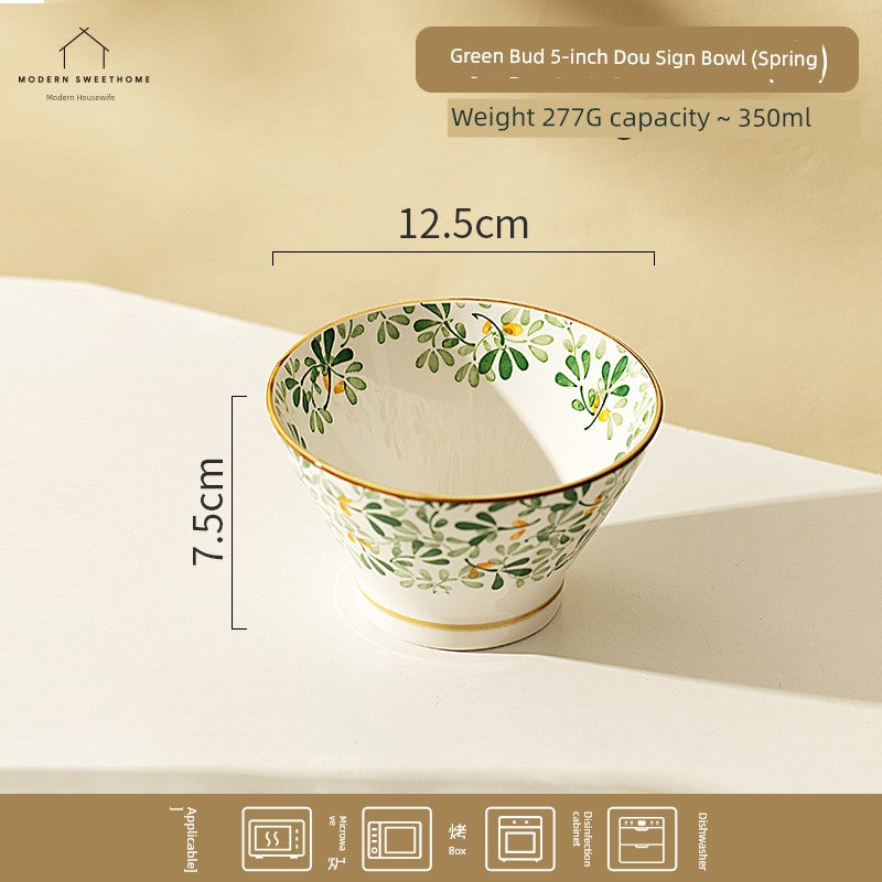 Modern Housewife Japanese Style All Year Round Flowers Ceramic Bowl For Home Rain-Hat Shaped Bowl Especially Beautiful Rice Bowl for Personal Use