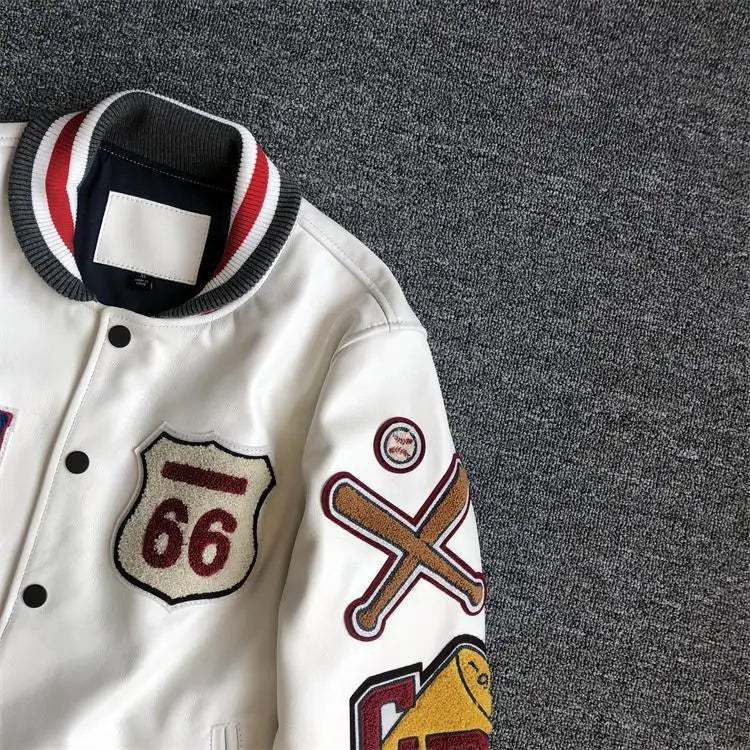 2025 New Men's winter baseball Jacket Men Retro Trend leather Jacket heavy industry embroidery white short Coats Men Clothing