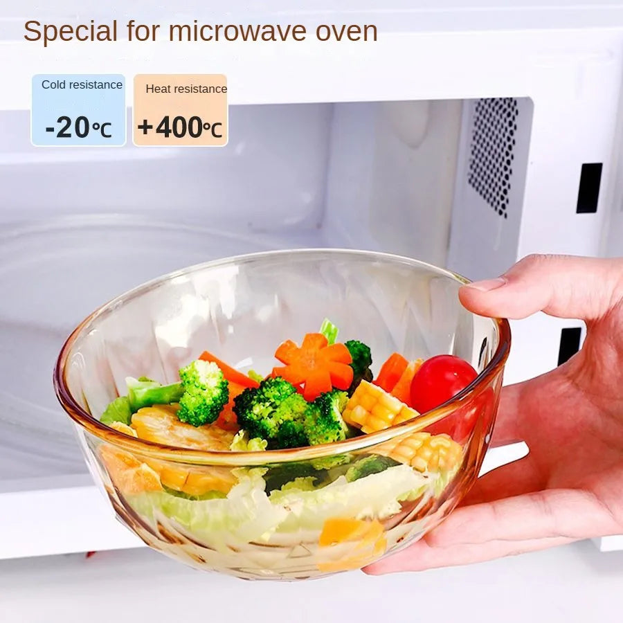 Glass bowl, high temperature resistant household large microwave oven special tableware, amber noodle salad bowl