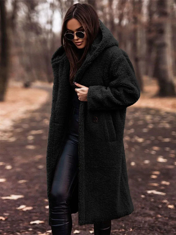 Women Luxury Faux Fur Coat Teddy Fleece Hooded Robe Sherpa Fluffy Chic Cardigan Winter Plush Overcoat