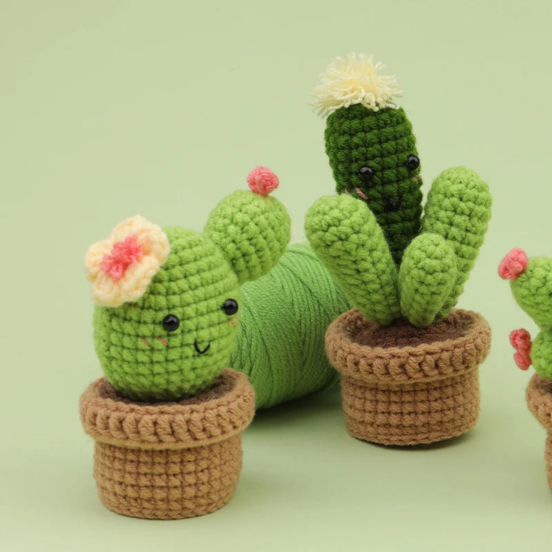 MIUSIE Beginner Crochet Kit Cactus Potted Plant Creative Crochet DIY Keychai Knitting Key Holder Crochet Dolls Material Pack