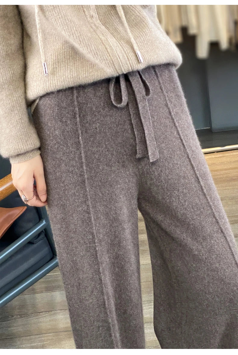 Women's Cashmere Pants 100% Merino Wool Broadfoot Pants Women's Knit Loose Knit Pants Fall/Winter 2024 Women's Thick Pants